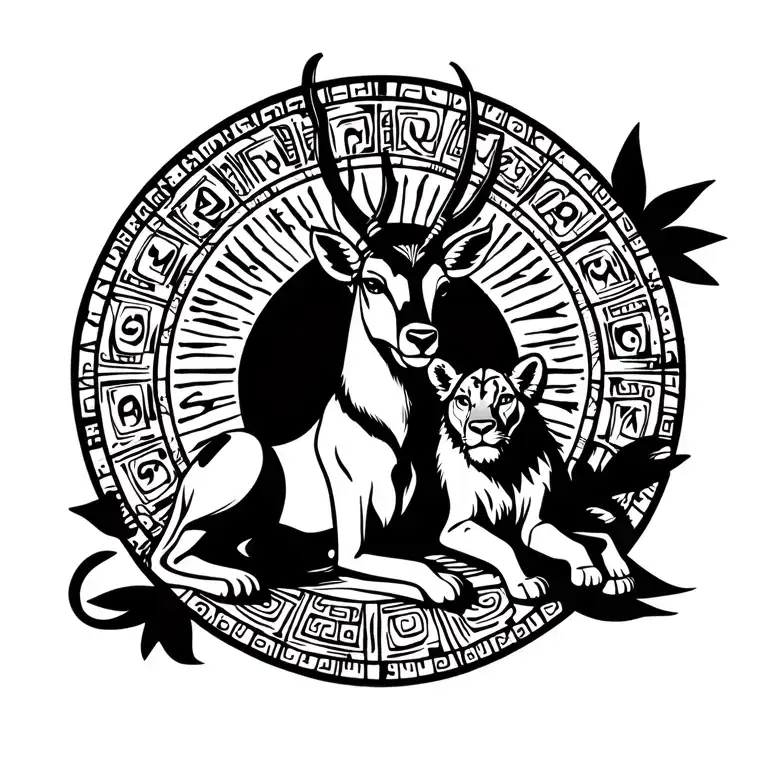 Mayan calendar featuring a sitting gazelle in the center with a lion cub nestled between its legs. tattoo design idea