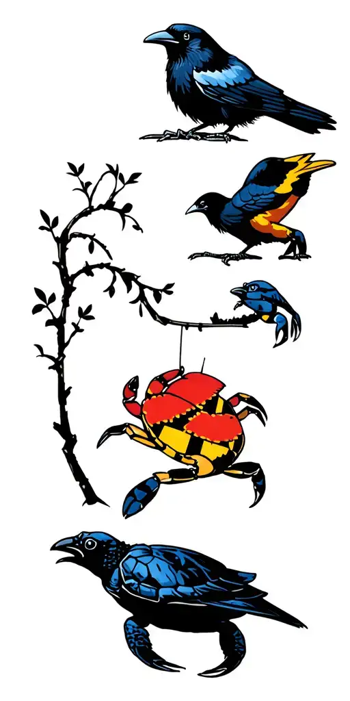 A Raven, bird and Oriole bird and Terrapin Turtle and clock Tower and blue crab and maryland flag tattoo design idea