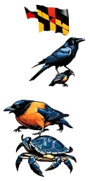 A Raven, bird and Oriole bird and Terrapin Turtle and clock Tower and blue crab and maryland flag tattoo design idea