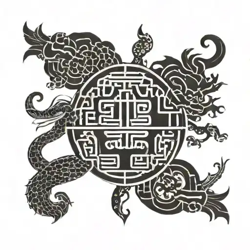 Chinese patterns with iconic symbols tattoo design idea