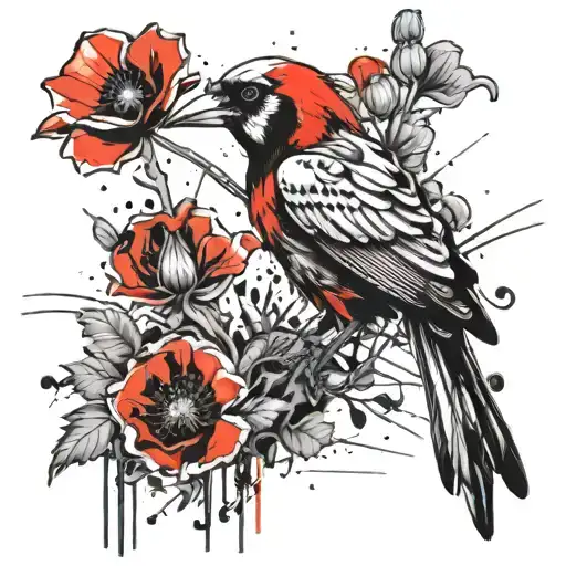 skeleton bird with poppy tattoo design idea
