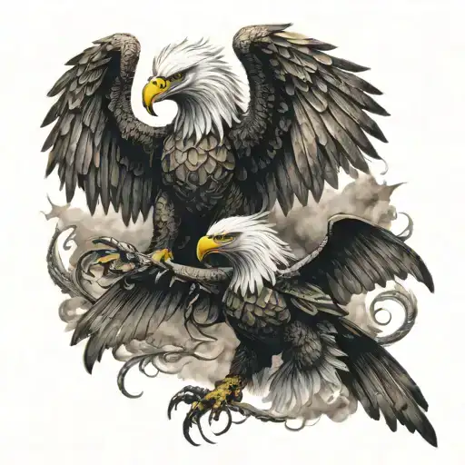 A majestic eagle and a fierce dragon locked in a battle, symbolizing strength and power, in a realism style tattoo design idea