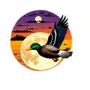 Timberwolf howling at the full moon, mallard duck flying in the air into a orange, yellow and purple sunset tattoo design idea