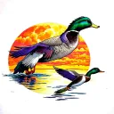 Timberwolf howling at the full moon, mallard duck flying in the air into a orange, yellow and purple sunset tattoo design idea