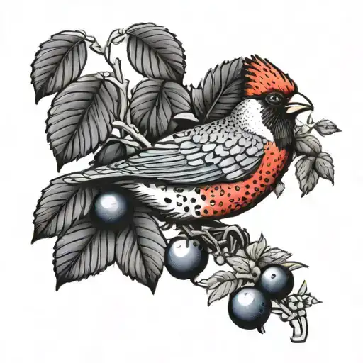 red jay bird sitting on a blueberry bush singing fresh eyes tattoo design idea