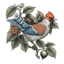 red jay bird sitting on a blueberry bush singing fresh eyes tattoo design idea