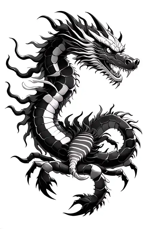 Black and white Chinese dragon combined with a scorpion of the zodiac sign equal in black and white tattoo design idea