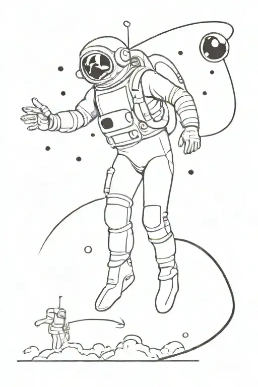 A diver in a diving suit is swimming in the water and sees a black hole, and an astronaut is looking at the diver from t tattoo design idea