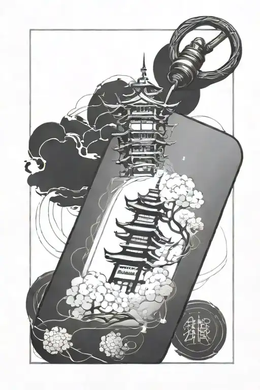 the tip of a japanese pagoda exiting third dimension perspective from one single rectangual japanese blank omamori charm tattoo design idea