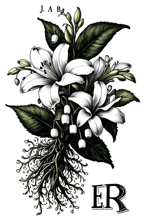 India and lily of the valley with the initials J A B E in the roots and the initials E R in the flowers tattoo design idea