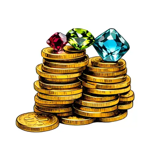 peridot, aquamarine and ruby stones on pile of gold coins tattoo design idea