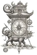 compass with elephant, Japanese building, ski gondola, and alpaca wearing Peru hat tattoo design idea
