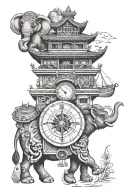compass with elephant, Japanese building, ski gondola, and alpaca wearing Peru hat tattoo design idea