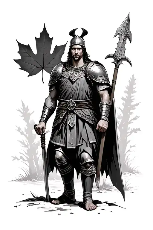 roman warrior with maple leaf outdoor background tattoo design idea