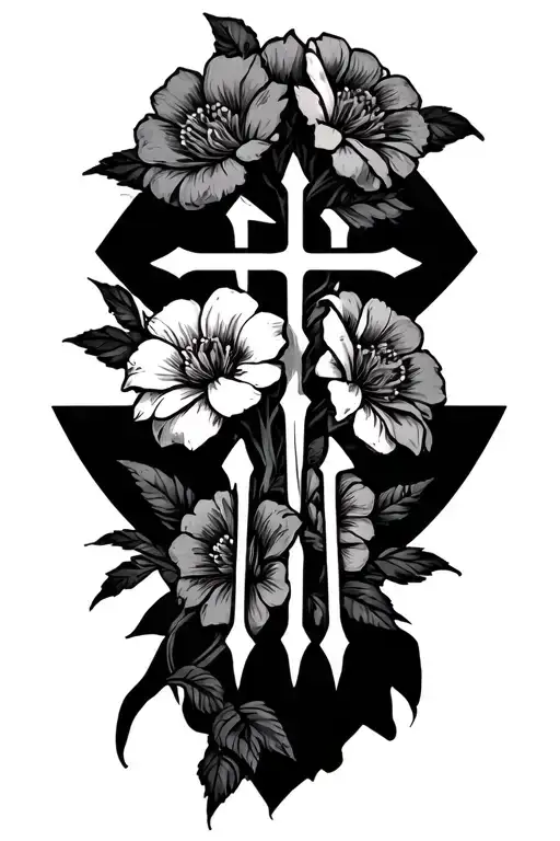 "Fear god " leopard print flowers cross tattoo design idea
