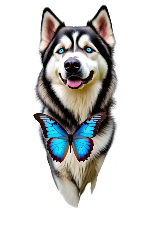 Siberian husky with blue butterfly tattoo design idea
