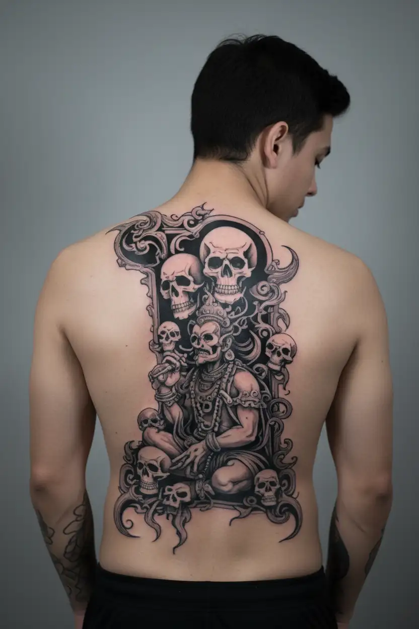 kaal Bhairav with skulls surrounded tattoo design idea