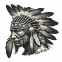 A realistic portrait of a native American warrior with intricate feather headdress, set against a beach background tattoo design idea