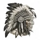 A realistic portrait of a native American warrior with intricate feather headdress, set against a beach background tattoo design idea