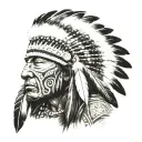 A realistic portrait of a native American warrior with intricate feather headdress, set against a beach background tattoo design idea