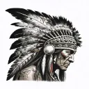 A realistic portrait of a native American warrior with intricate feather headdress, set against a beach background tattoo design idea