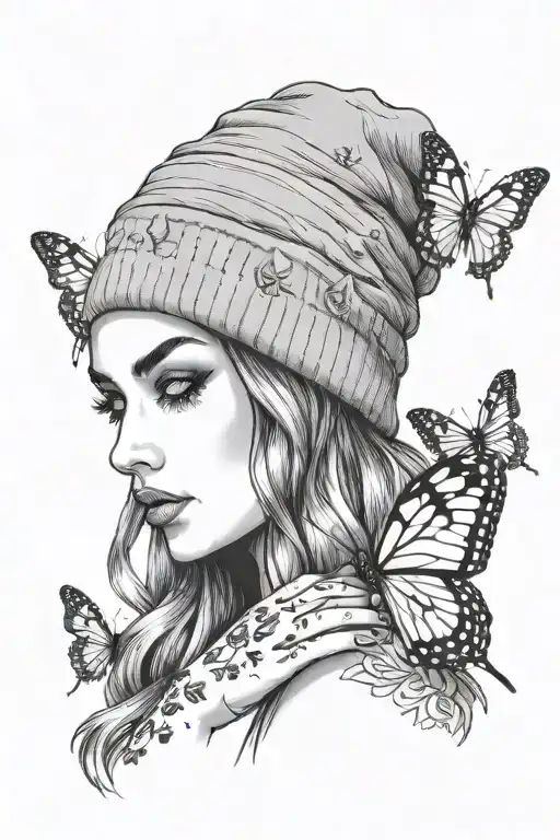hot girl in beanie with butterfly on hand holding tattoo design idea