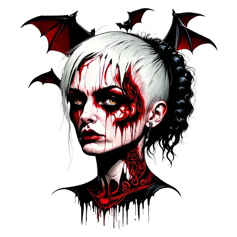 punk woman with gang of bats tattoo design idea