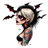 punk woman with gang of bats tattoo design idea