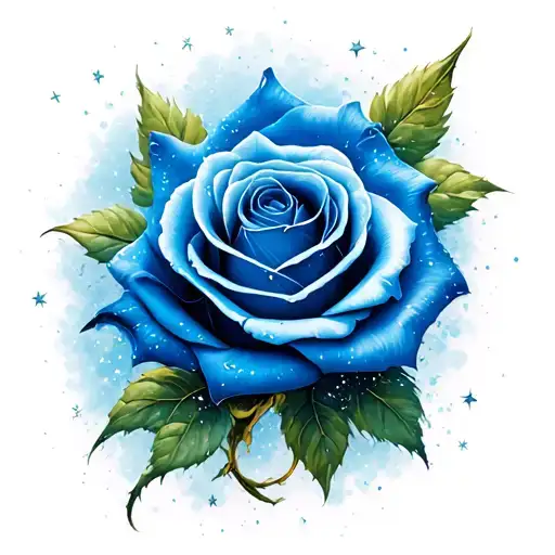 realistic blue rose with stars dust wind and smooth shading  tattoo design idea