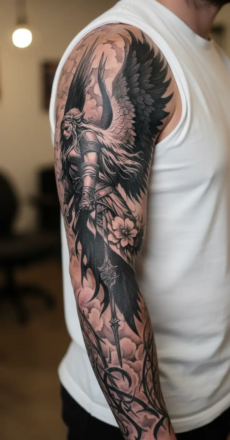 Meaningful warrior angel, Norse Valkyrie, clouds, rays, floral tattoo design idea