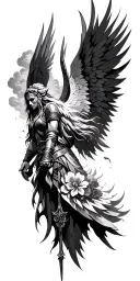 Meaningful warrior angel, Norse Valkyrie, clouds, rays, floral tattoo design idea