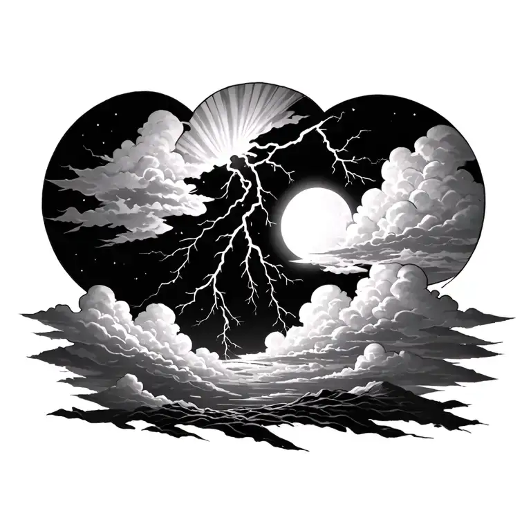 sunlight rays through clouds above nights lightning stome tattoo design idea