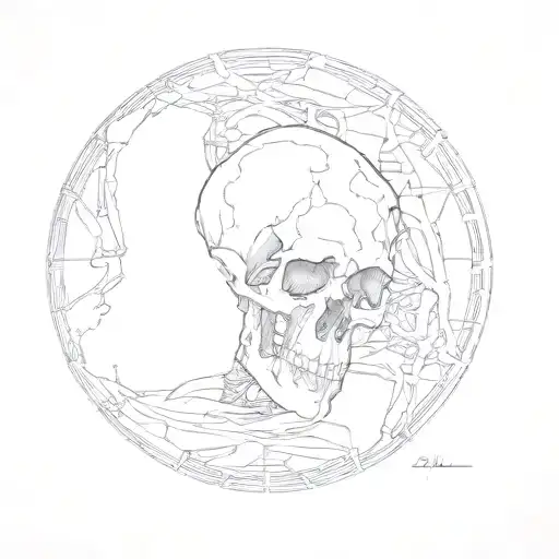  A skull partially obscured by shadows, creating a haunting, mysterious look, with dark shading and high contrast to add tattoo design idea