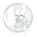  A skull partially obscured by shadows, creating a haunting, mysterious look, with dark shading and high contrast to add tattoo design idea