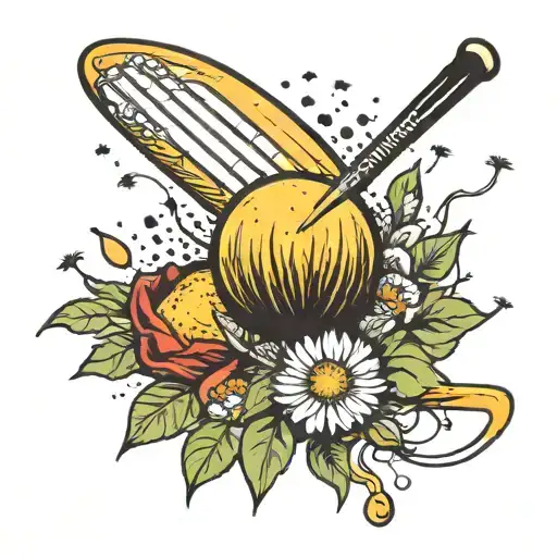 softball bat hitting a dandelion flower tattoo design idea
