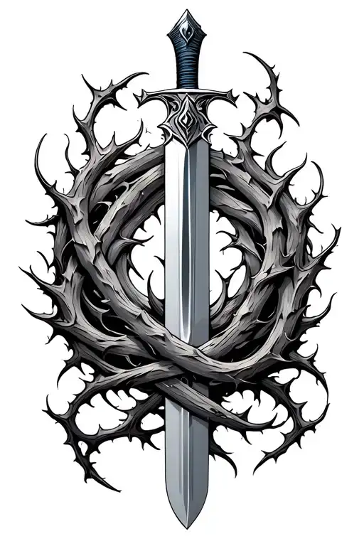 fantasy sword intertwined with thorns tattoo design idea