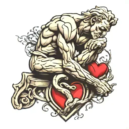the thinker statue with a heart  tattoo design idea