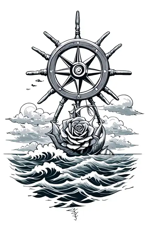 compass ship wheel rose intertwined waves clouds floating tattoo design idea