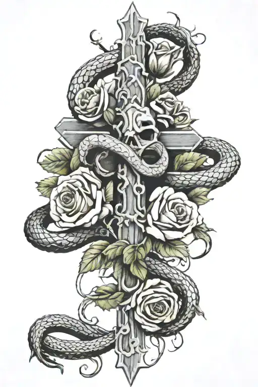 cross with roses and a snake wrapped around the cross  tattoo design idea
