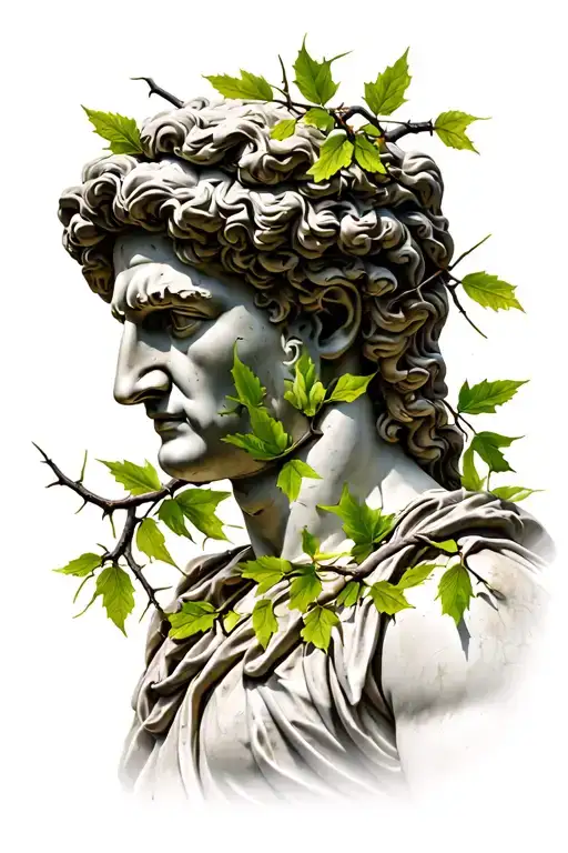 full body famous julius caesar statue covered with branches with detailed leaves and thorns tattoo design idea