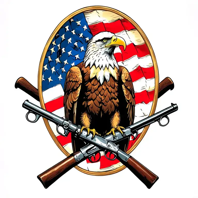 Bald Eagle perched on 2 old muskets crossed like an X with an American flag waving in the background. tattoo design idea