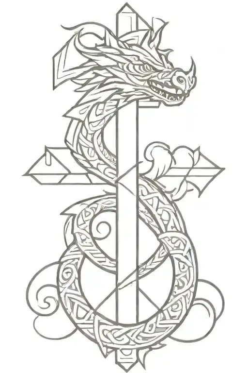 small cross with Aztec dragon wrapped tattoo design idea