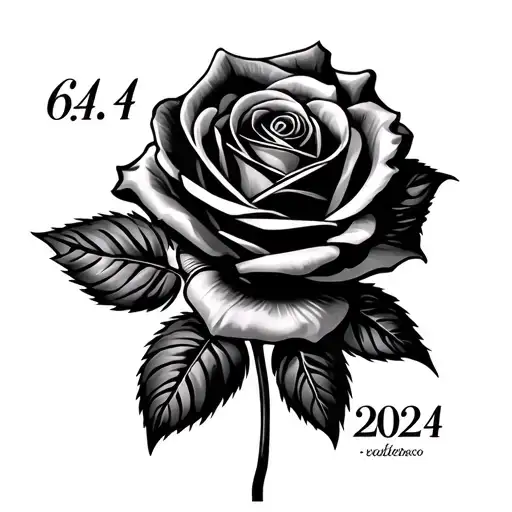 black rose head with Spanish Roman numerals blended in with the date 6.4.2024 on left pec tattoo design idea