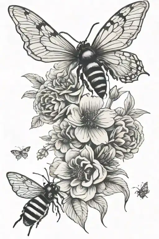 flowers with a bee and butterfly flying tattoo design idea
