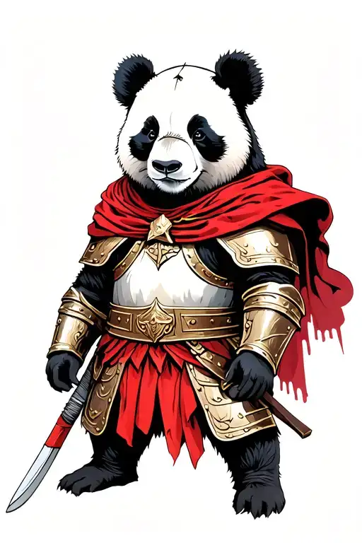 panda in the armor of a Roman legionary and a red cloak tattoo design idea