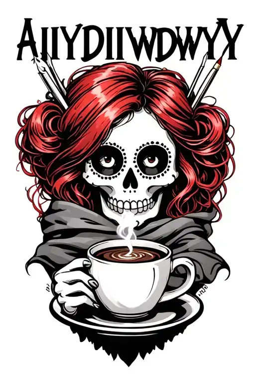 "AIYDIWDWY" sugar skull with red hair with crochet hooks, wearing a hair scarf holding a steaming coffee tattoo design idea