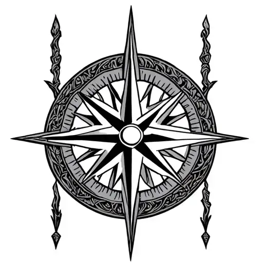/imagine prompt: Vegvísir symbol tattoo, clean black ink flash design, symmetrical eight-stave Viking compass, each stav tattoo design idea