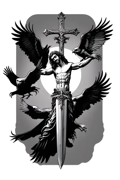jesus on a sword cross, with crows perched and flying with claws no background tattoo design idea