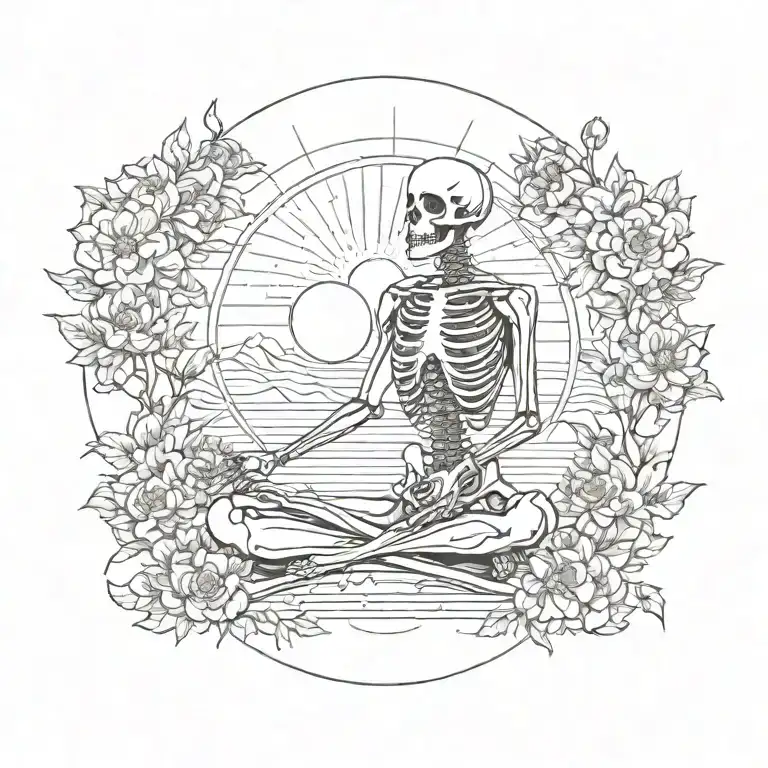 skeleton meditating, big sun , flowers as filler tattoo design idea