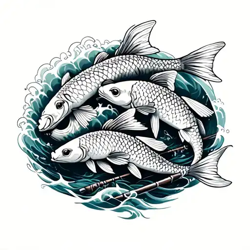 three koi fish in waves on back fishing rod toad ramen tattoo design idea